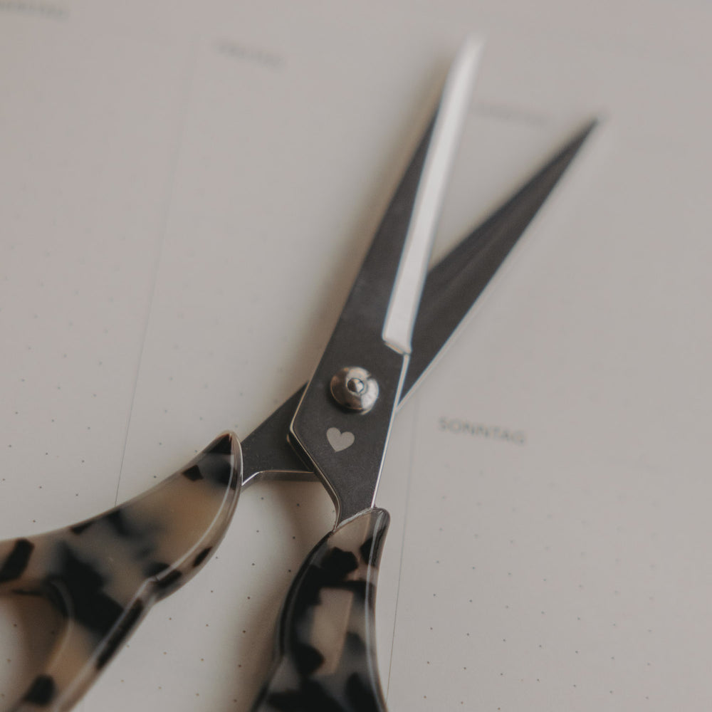 Detail silberne Schere mit Leo-Griff auf Notizbuch mit Wochenübersicht