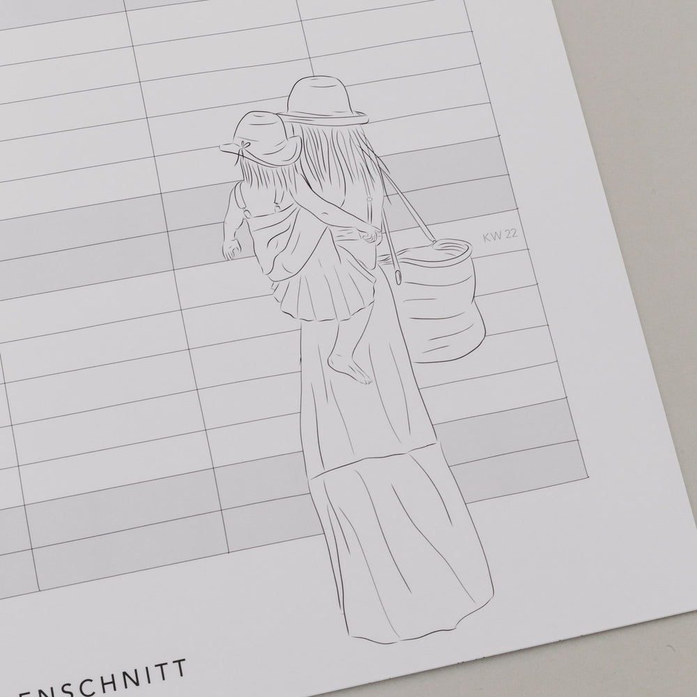 Familienkalender 2026 mit zarter Illustration von Mutter mit Kind vor einer strukturierten Wochenübersicht.