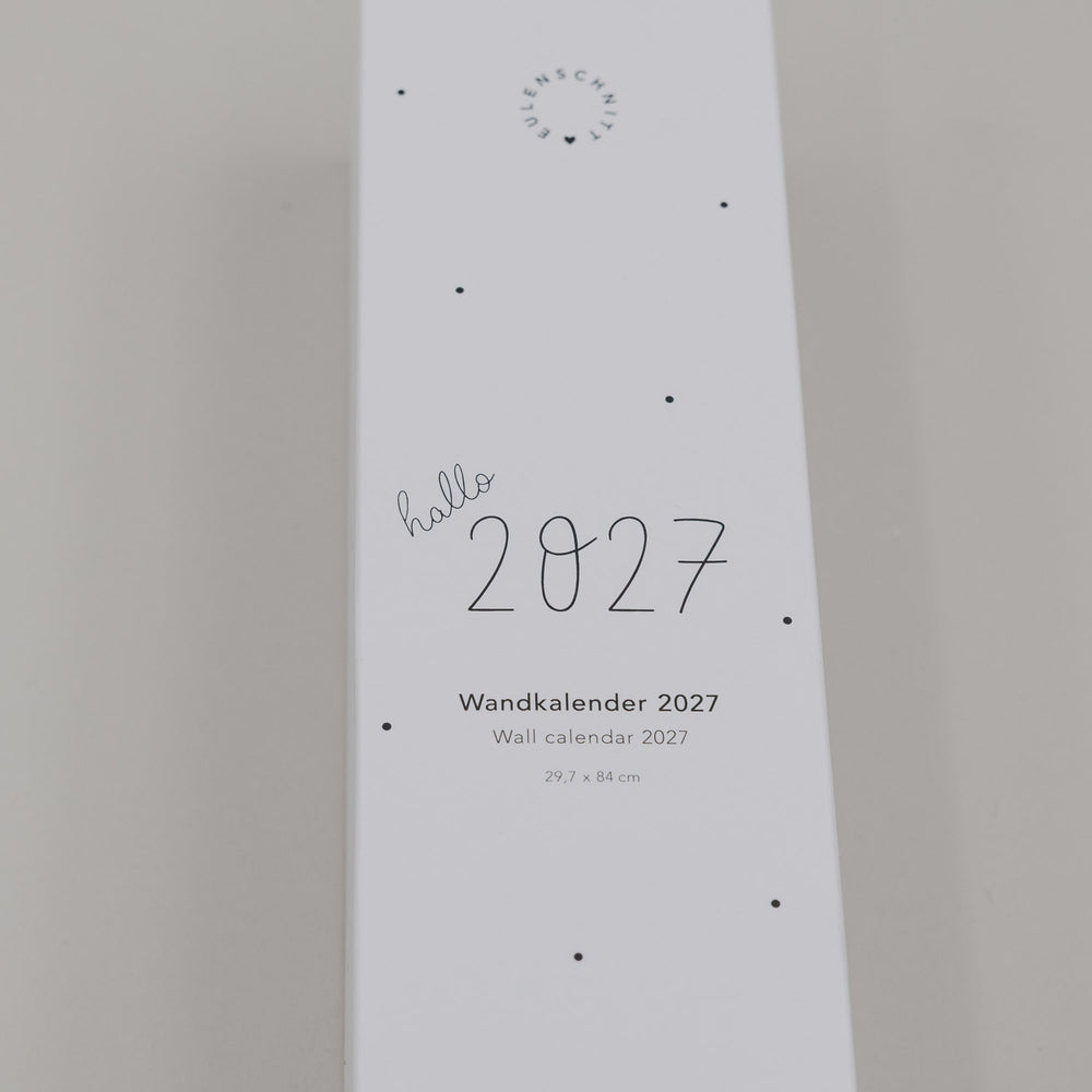 Wandkalender 2027 minimalistisch mit „hallo 2027“ Schrift und Punkten