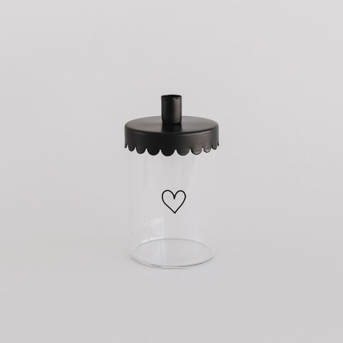 Schwarzer Kerzenhalter Welle auf Vorratsglas mit Herzaufdruck, passend für Mini-Vorratsgläser mit 6 cm Durchmesser.