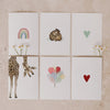 Aquarellkarten Set Kids mit sechs liebevollen Motiven: Regenbogen, Bären, Herzen, Giraffe und Luftballons.