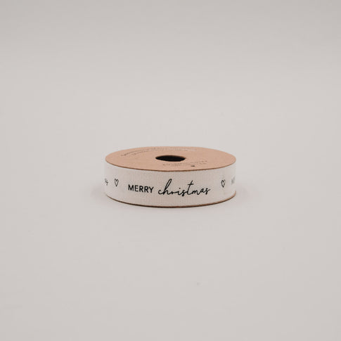 Geschenkband Merry Christmas auf Rolle aus braunem Karton, 5 m Baumwollband