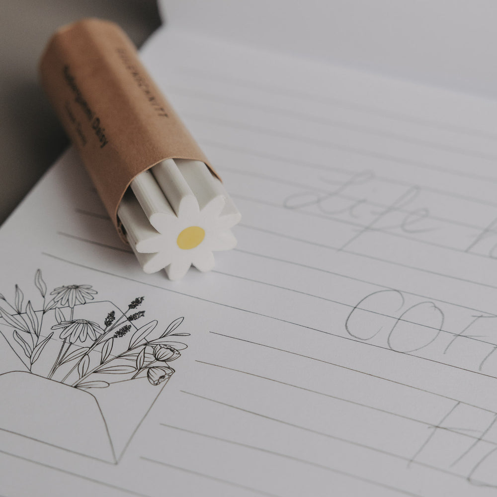 Radiergummi Daisy in Papierhülle auf Notizblock mit Linien und Zeichnung
