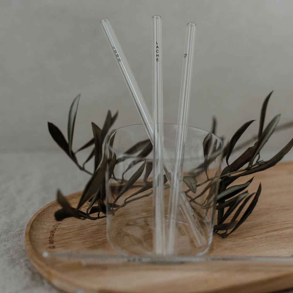 Strohhalme Lebe Liebe Lache schwarz aus Glas 20cm im 4er Set