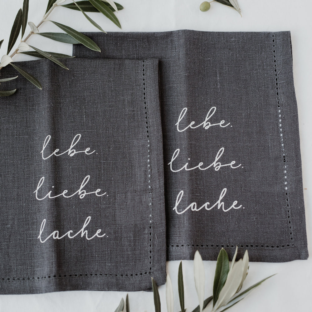 Leinen Servietten Liebe Lebe Lache im 4er Set