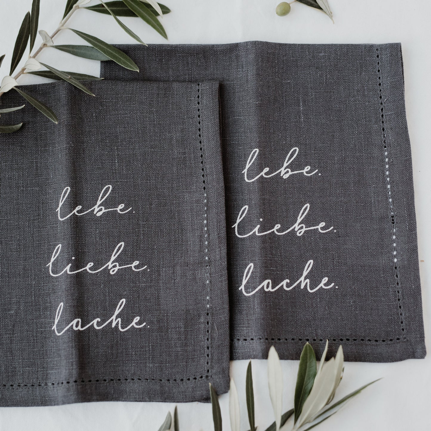 Leinen Servietten Liebe Lebe Lache im 4er Set